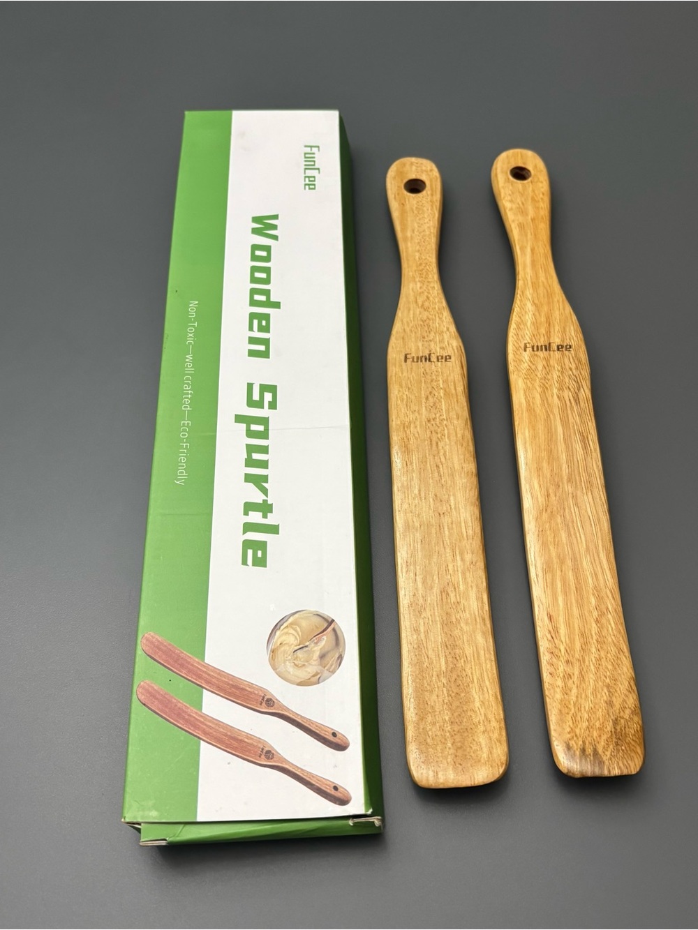 2 Pack Long Teak Wooden Spurtle Set – Sourdough Starter, Jar Bottom Scraper NEW